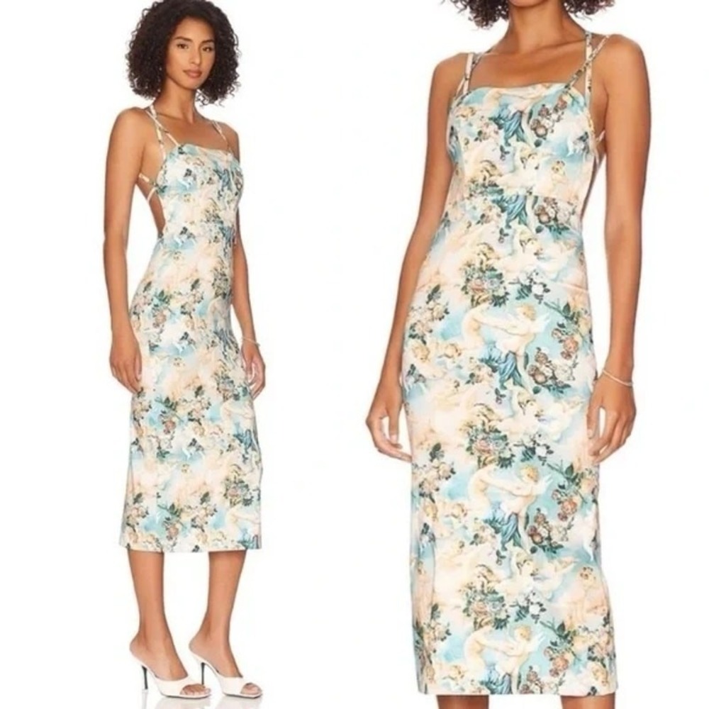 LPA Angelica Midi Dress Blue Cherub Print Open Back Bodycon Lined Fairy Y2K Glam